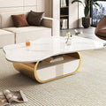 SSLine Modern Cloud Coffee Table Luxury Sintered Stone Top Coffee Table with Sculptural Geometric Stainless Steel Base and Storage Drawer,White Marble Grain Center Table for Living Room,Gold