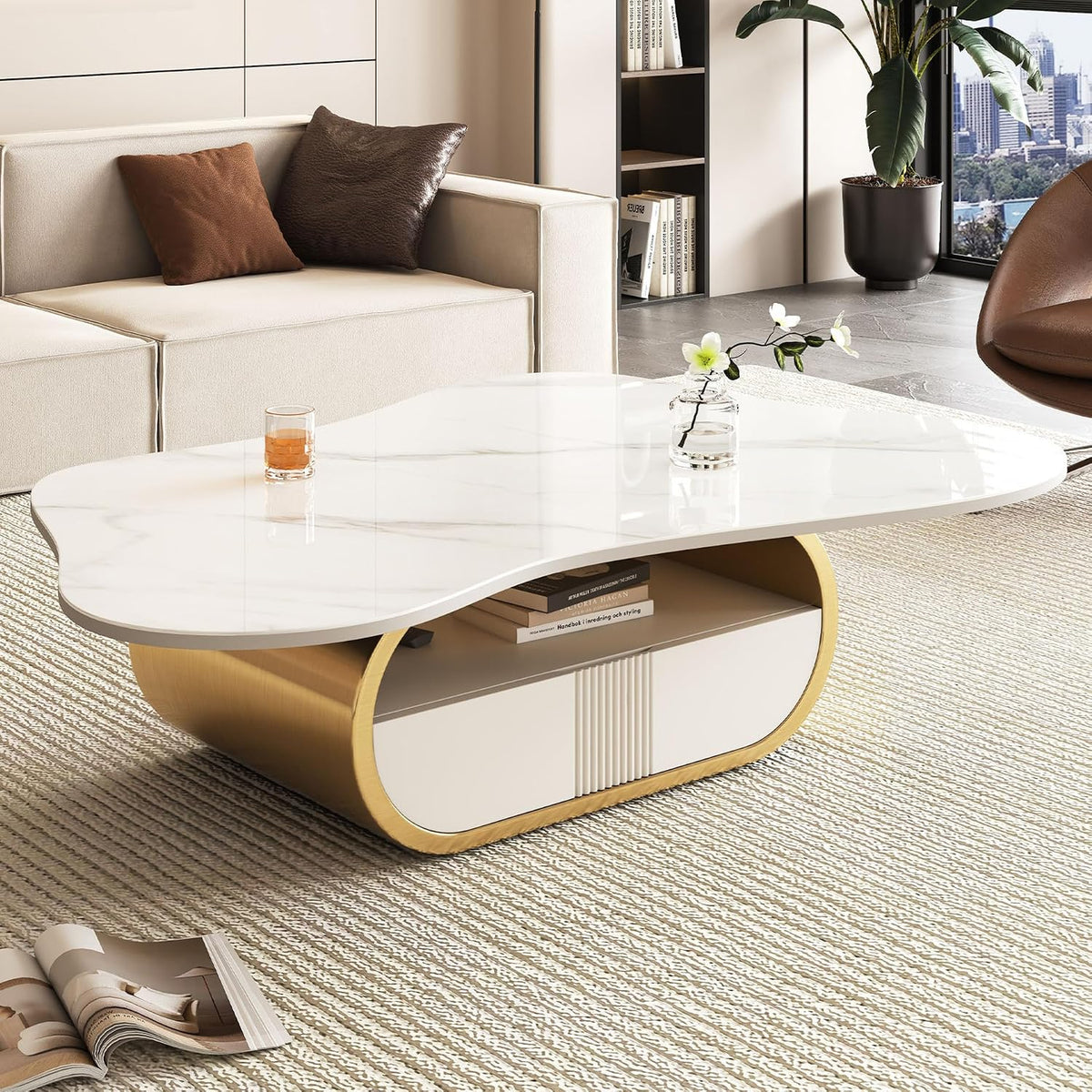 SSLine Modern Cloud Coffee Table Luxury Sintered Stone Top Coffee Table with Sculptural Geometric Stainless Steel Base and Storage Drawer,White Marble Grain Center Table for Living Room,Gold