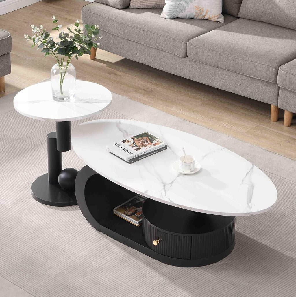 Modern Nesting Coffee Table Set of 2, Oval and Round Coffee Table Set for Living Room, Faux Marble Coffee Table and Round End Table, Luxury Living Room Accent Table for Apartment (Black with Drawer)