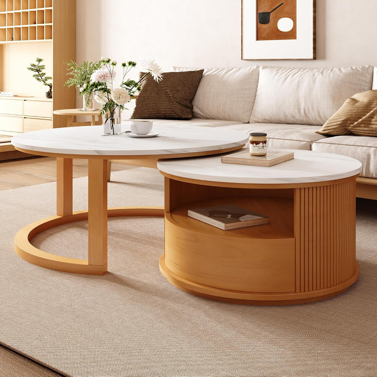 28.5' Natural Nesting Coffee Table Set of 2, Vintage Round Coffee Table for Living Room with 2-Tier Storage and 1 Drawer White Marble Top End Side Table for Bedroom