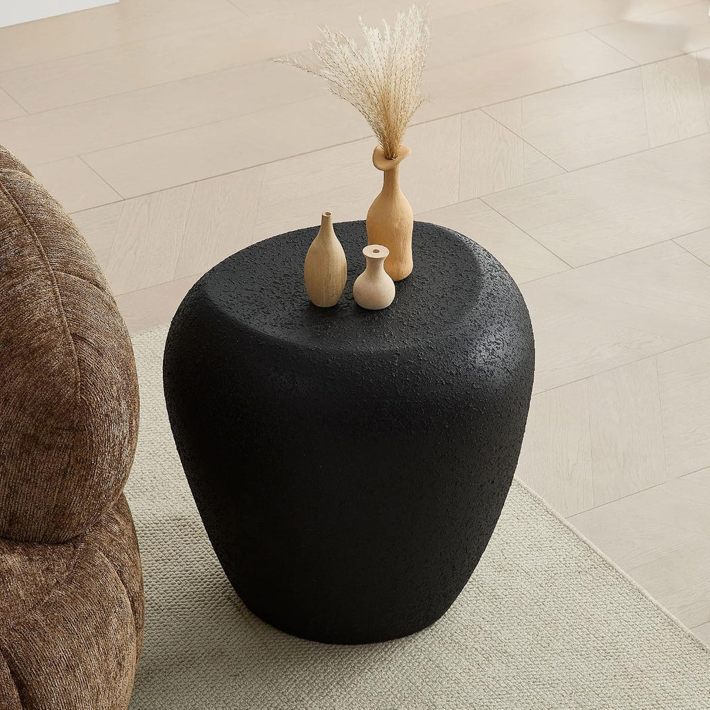 19.29'' Faux Stone Side Table End Table for Living Room, Modern Contemporary Style, Fiberglass Material & Grainy Stone Paint, No Assembly, Black