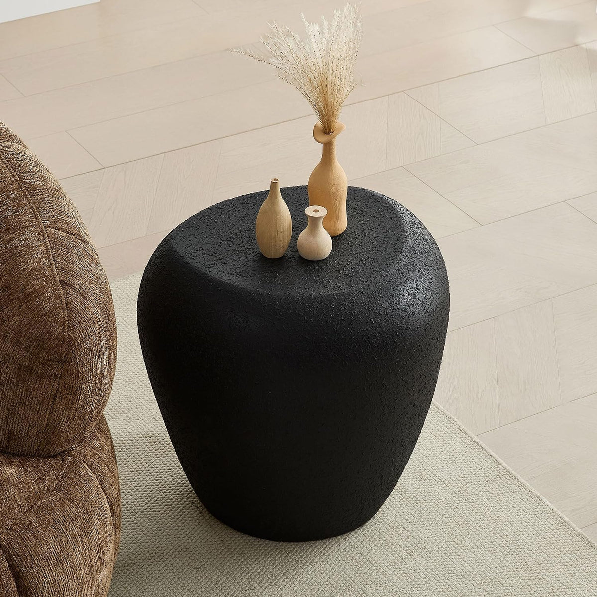 19.29'' Faux Stone Side Table End Table for Living Room, Modern Contemporary Style, Fiberglass Material & Grainy Stone Paint, No Assembly, Black