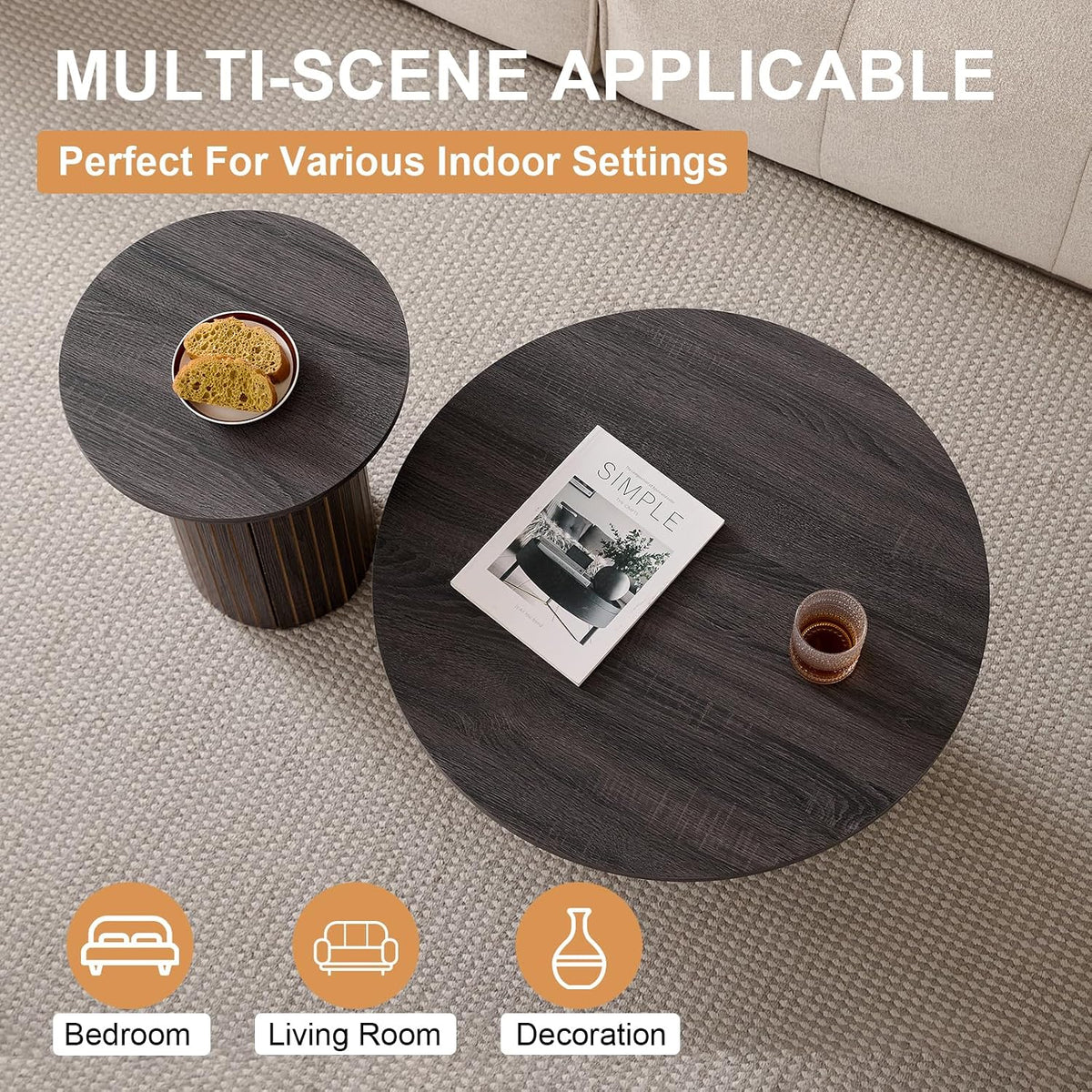 Round Nesting Coffee Tables Set of 2 -φ27.6 Large Short + φ15.8 Small Tall Boho Circle Side Tables with Fluted Drum Design, Black