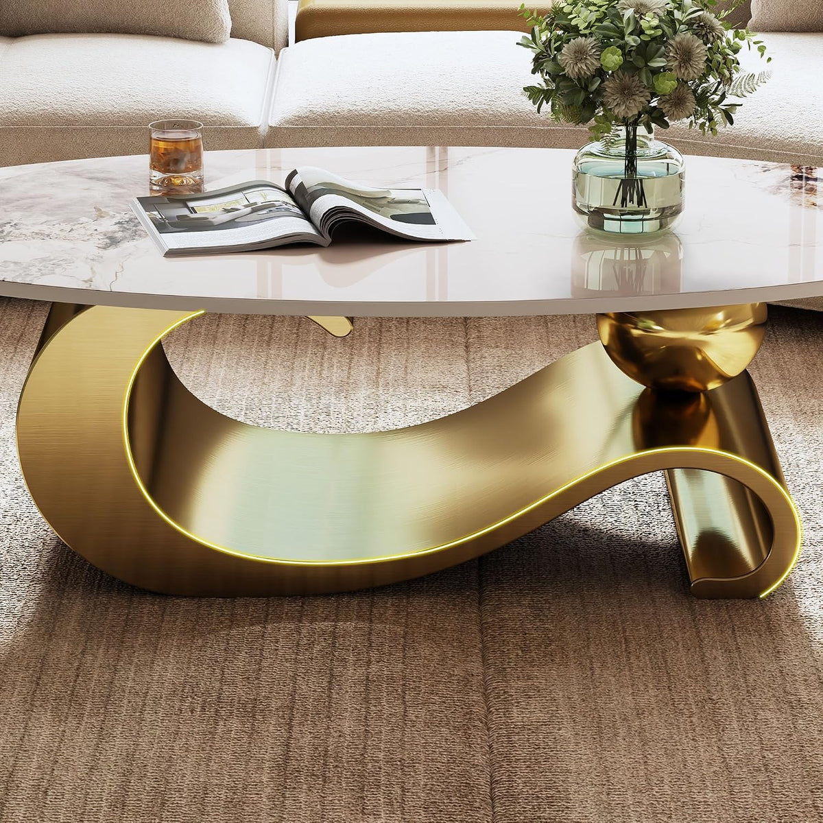 Oval Coffee Table with Sintered Stone Top, 49' Luxury Modern Center Table with Marble Pattern Table Top & Gold Stainless Steel Base, Easy to Clean Unique Furniture for Living Room, Office