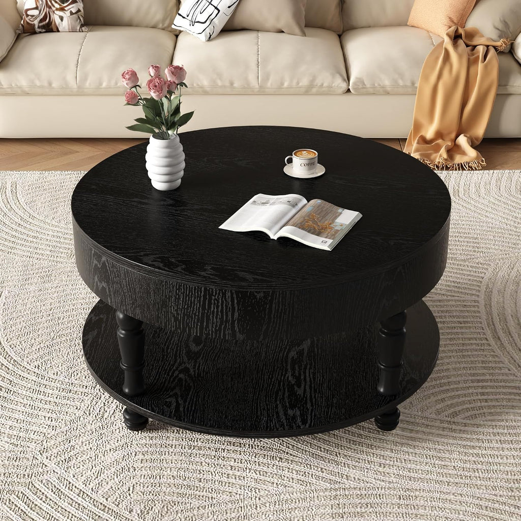 Round Coffee Table for Living Room 31.5' W Small Coffee Tables with Storage Open Shelf 2-Tier Modern Design Industrial Circle Wood Center Home Furniture Apartment Black