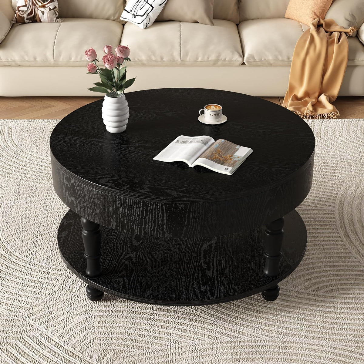 Round Coffee Table for Living Room 31.5' W Small Coffee Tables with Storage Open Shelf 2-Tier Modern Design Industrial Circle Wood Center Home Furniture Apartment Black