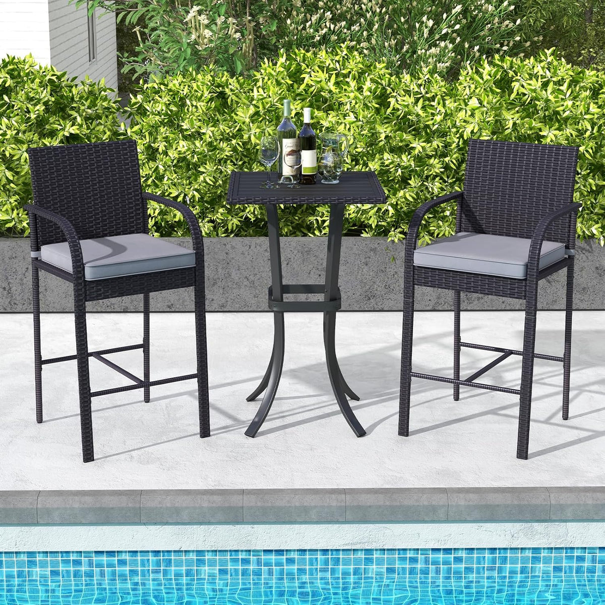 Tangkula 3 Piece Patio Wicker Bar Set, Outdoor Rattan Counter Height Cushioned Chairs & Square Table with Heavy-Duty Metal Frame, for Balcony, Backyard, Poolside