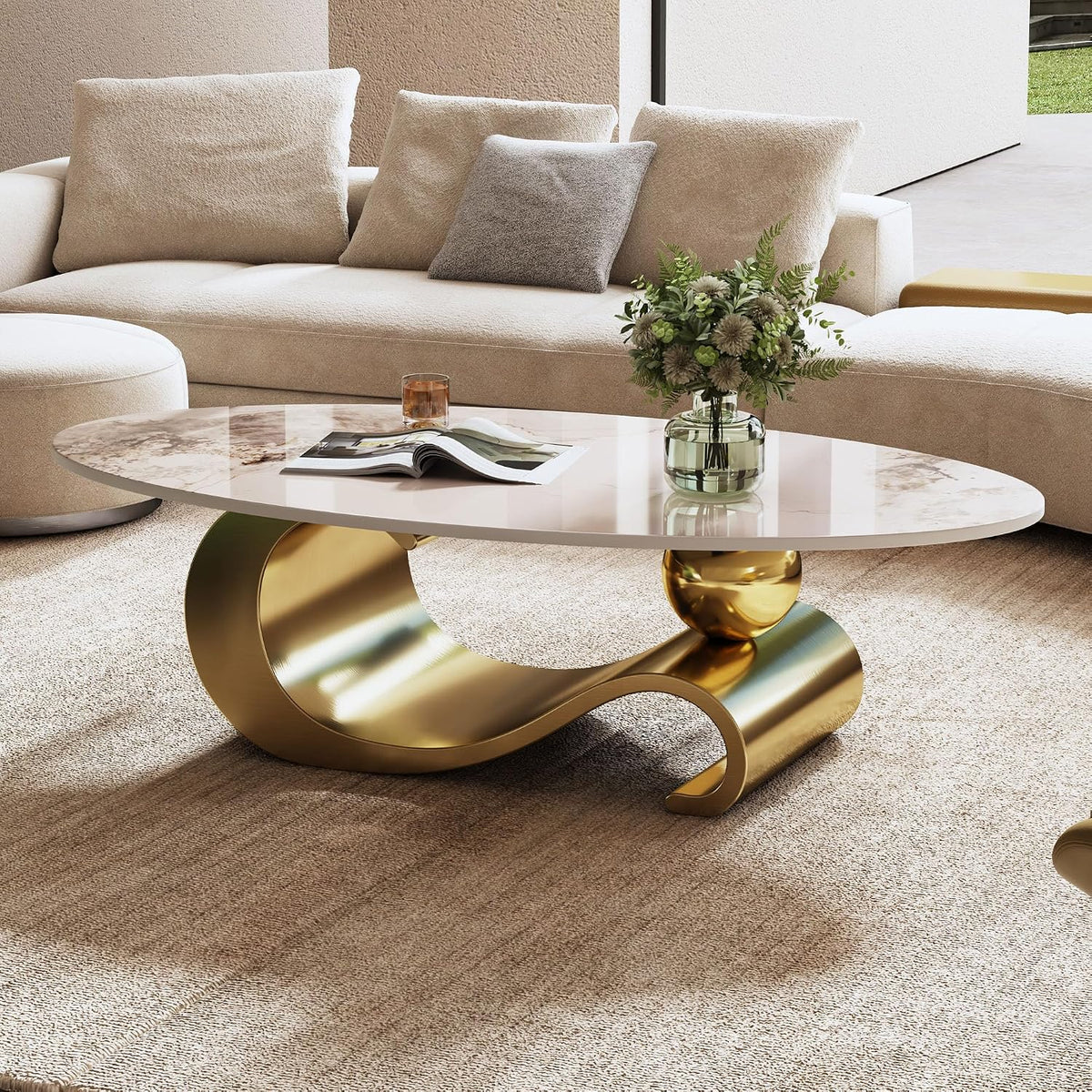 Oval Coffee Table with Sintered Stone Top, 49' Luxury Modern Center Table with Marble Pattern Table Top & Gold Stainless Steel Base, Easy to Clean Unique Furniture for Living Room, Office