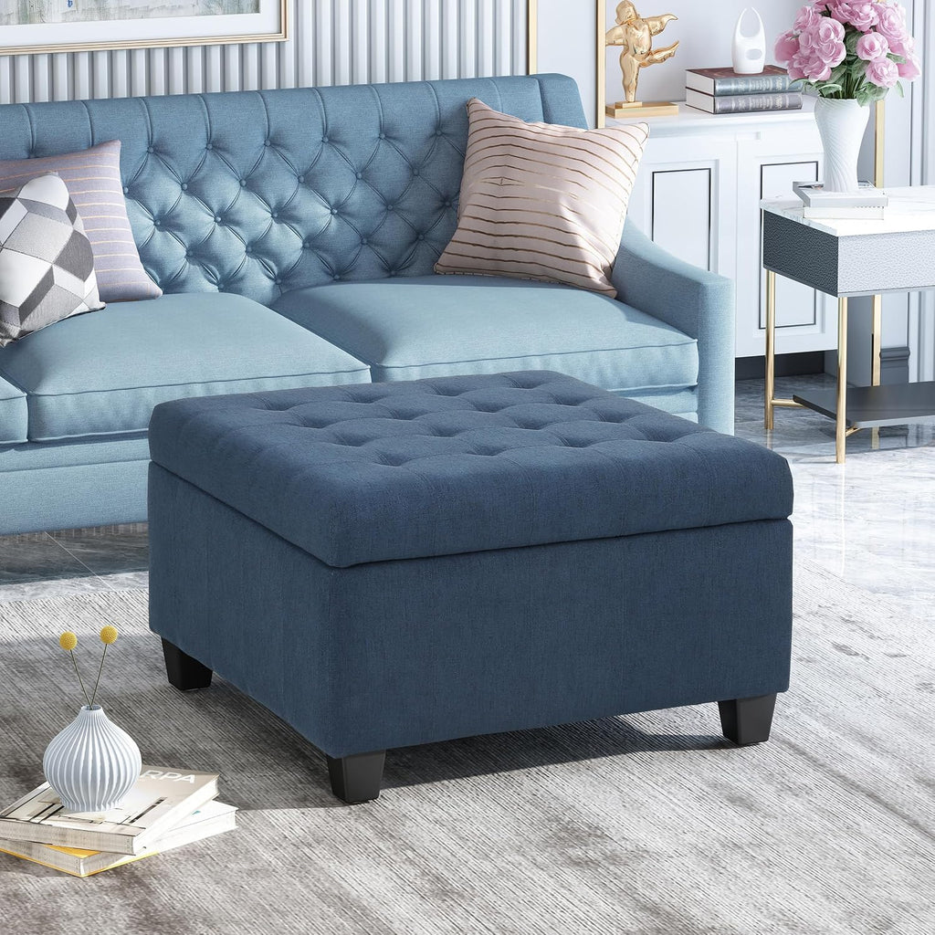 YOPTO 31' Square Storage Ottoman,Linen Footrest with Wooden Legs,Upholstered Button Tufted Coffee Table for Living Room,Navy Blue