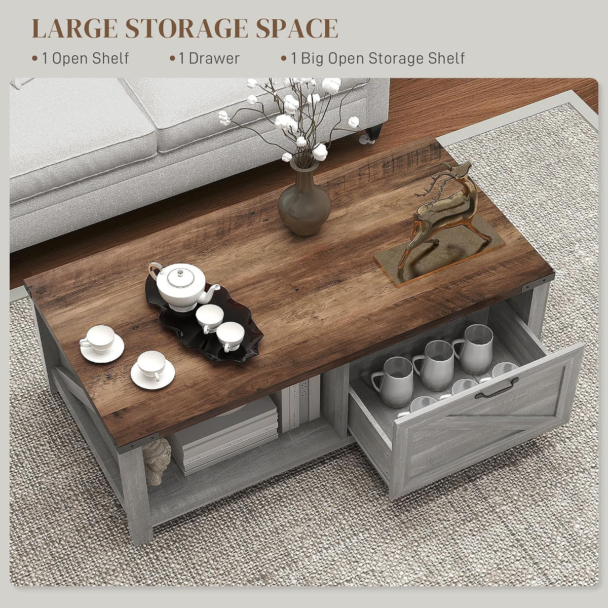HOMCOM Farmhouse Coffee Table with Storage and Drawer, Rustic Coffee Table for Living Room, Open Shelf, Distressed Gray