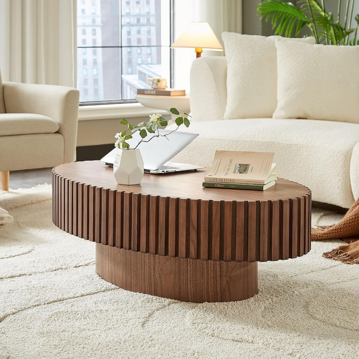 Oval Coffee Table for Living Room, Modern Fluted Coffee Tables with Pedestal Base, Handcrafted Centre Tea Tables Easy Assembly-43.7' Walnut