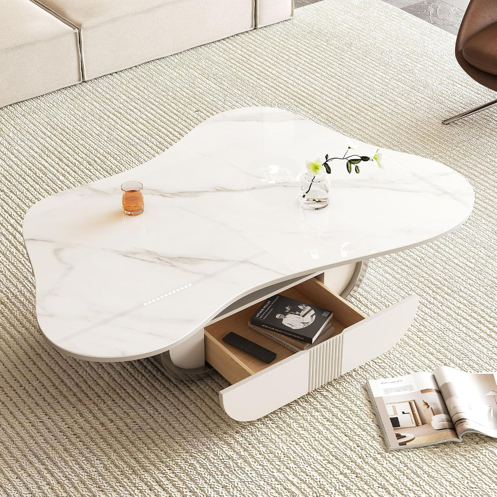 SSLine Modern Cloud Coffee Table Luxury Sintered Stone Top Coffee Table with Sculptural Geometric Stainless Steel Base and Storage Drawer,White Marble Grain Center Table for Living Room,Grey