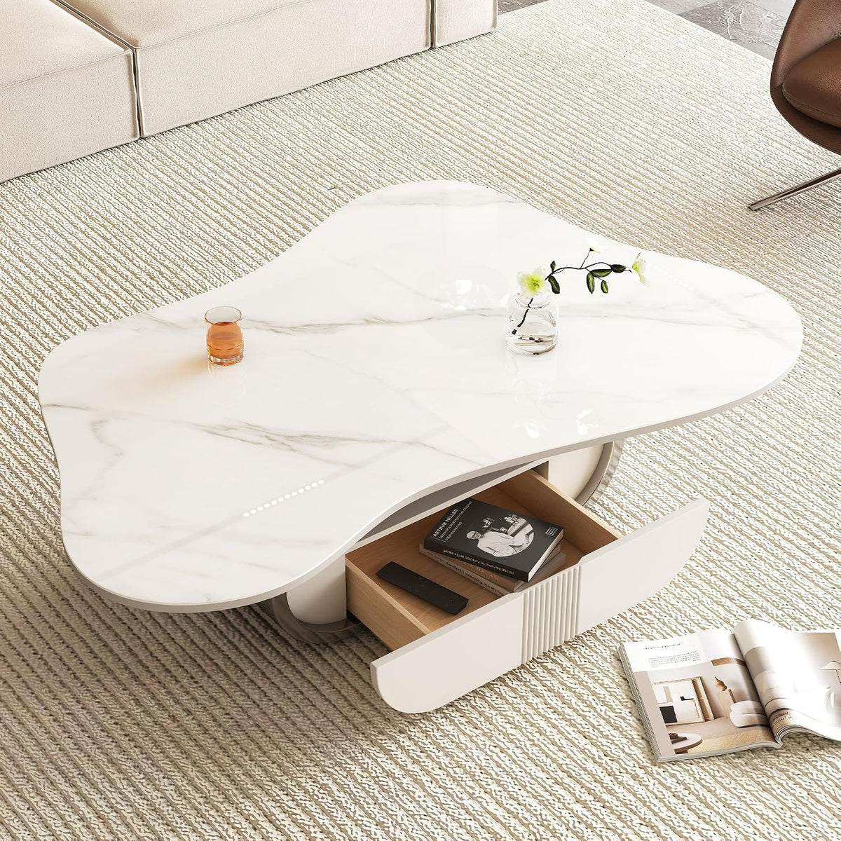SSLine Modern Cloud Coffee Table Luxury Sintered Stone Top Coffee Table with Sculptural Geometric Stainless Steel Base and Storage Drawer,White Marble Grain Center Table for Living Room,Grey