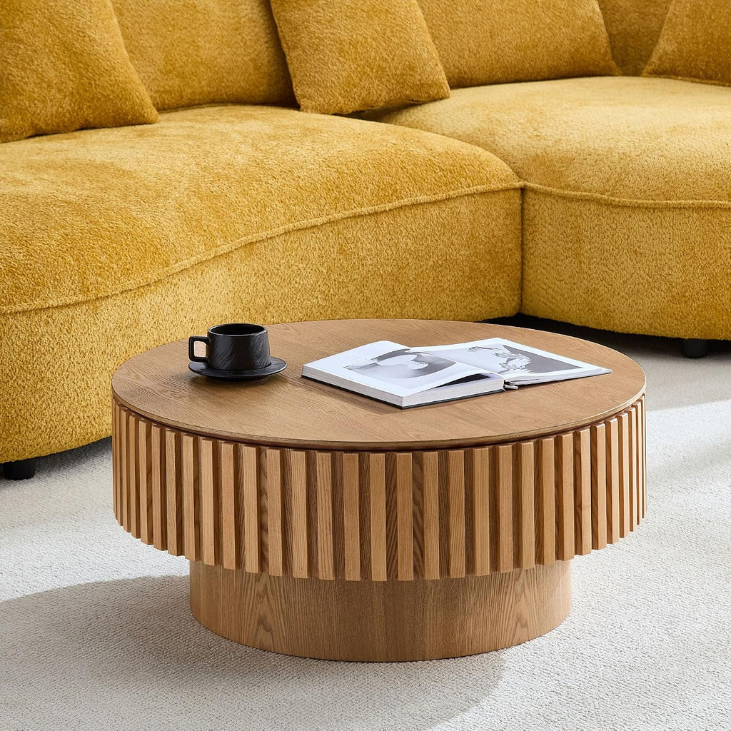 JUSTONE 31.5 Inch Round Farmhouse Coffee Table with Storage, Sturdy Pedestal Base Living Room Center Table for Lounge, Office, Apartment, Natural Wood