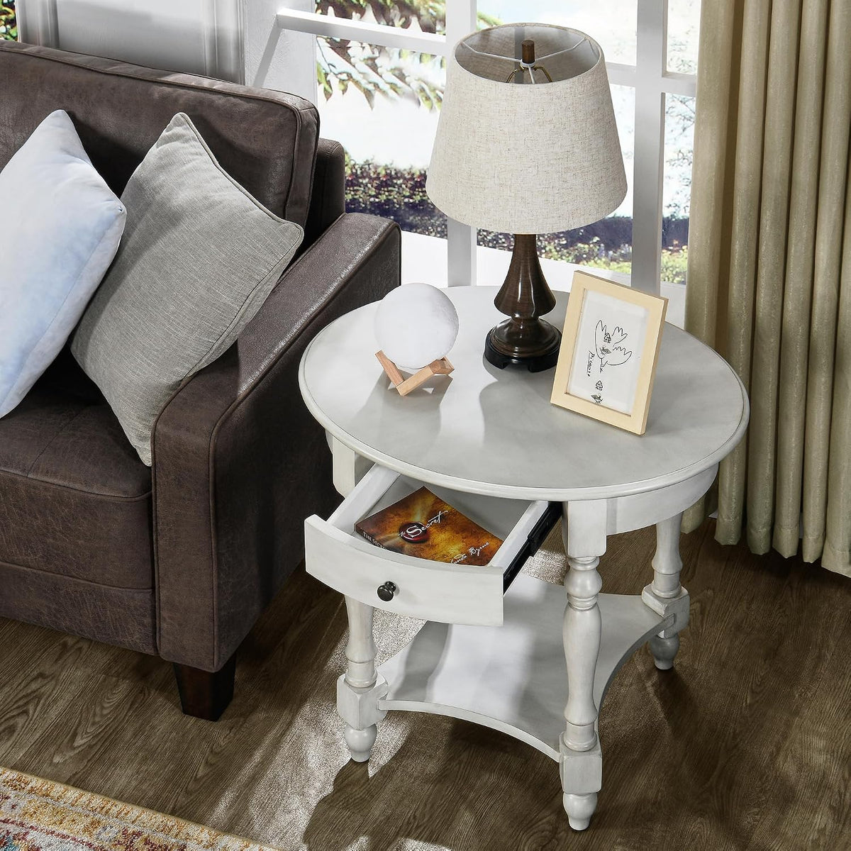 Oval End Table with Drawer, Solid Wood Sofa Side Storage Shelf, Traditional Living Room Corner Table, Nightstand, Easy Assembly 28INCH x 22INCH 24INCH Antique Walnut CJZ2233RW White