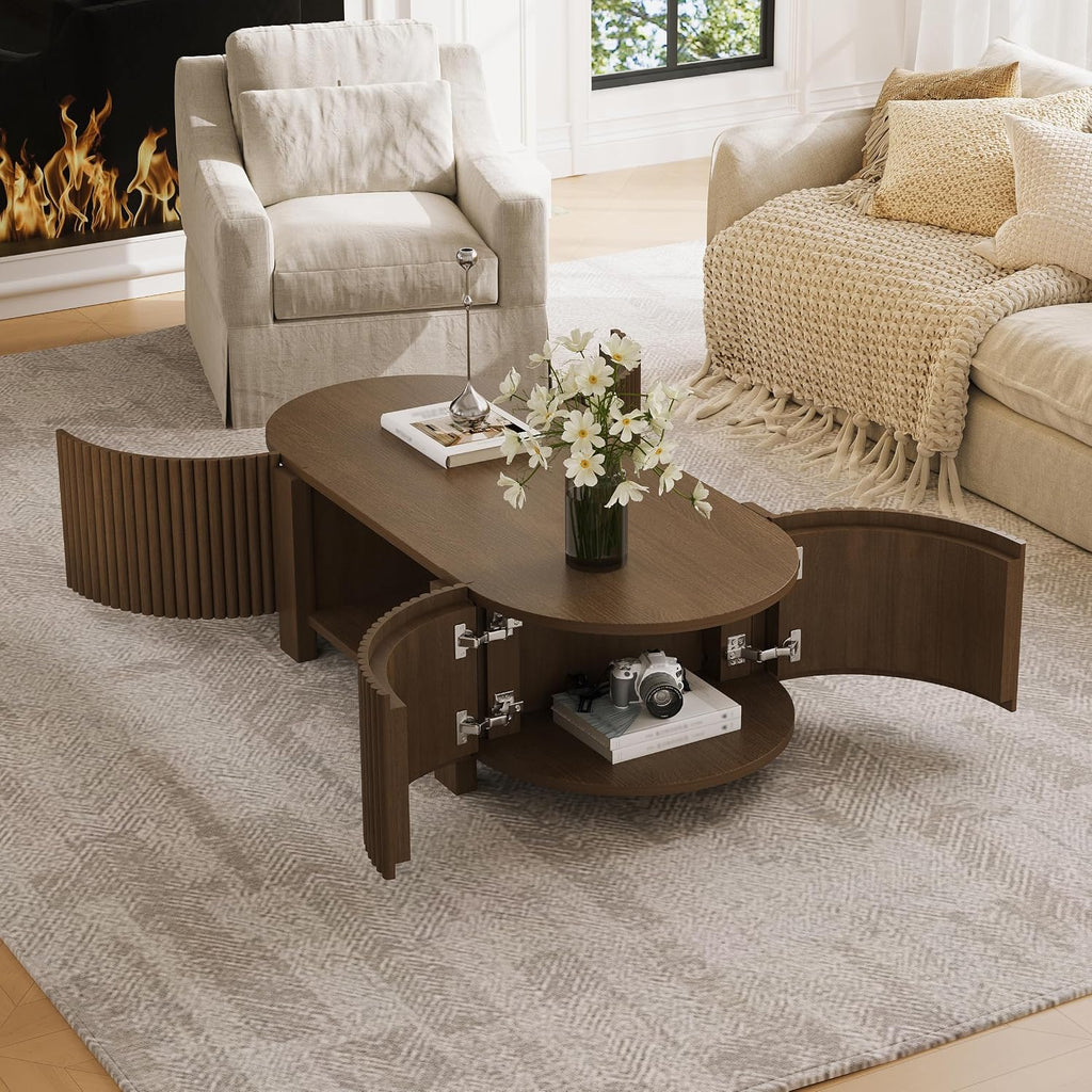 Oval Coffee Table with Storage, Fluted Coffee Table with Shelves and 2 Open Doors, Center Table for Living Room, Bedroom, Apartment or Office, Walnut
