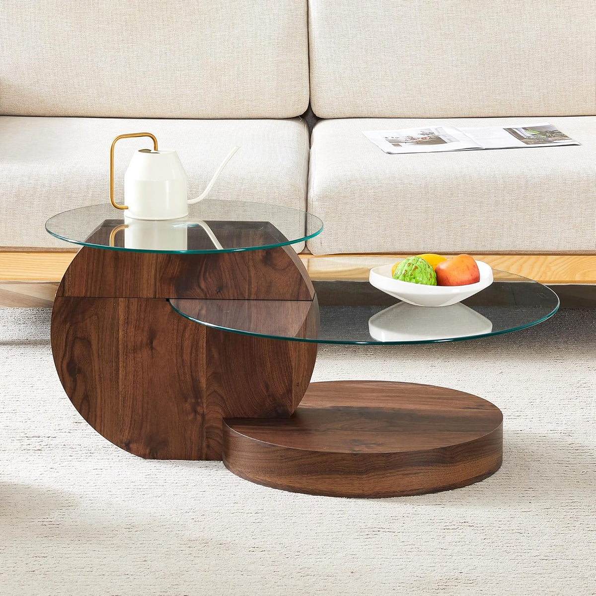 Ebullient Modern Round Glass Coffee Table, 3-Tier Wood Base Geometric Center Table for Living Room, Contemporary Accent Furniture, 35.4 Inch