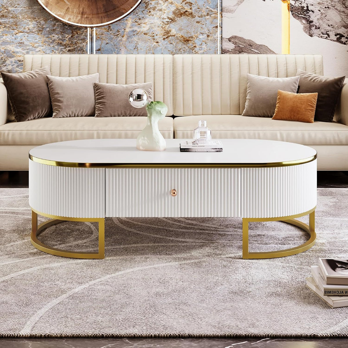 Coffee Table for Living Room, Modern Oval Shaped Coffee Table Set with 2 Drawers & Gold Metal Decor, Contemporary Luxury Cocktail Table Center Table for Office (White & Gold)