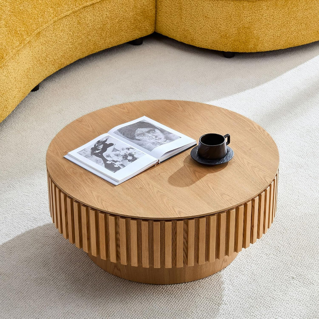 JUSTONE 31.5 Inch Round Farmhouse Coffee Table with Storage, Sturdy Pedestal Base Living Room Center Table for Lounge, Office, Apartment, Natural Wood