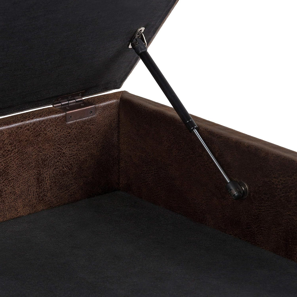 SIMPLIHOME Owen Square Coffee Table Storage Ottoman - 36 inch Wide Upholstered Vegan Leather Lift-Top Ottoman in Distressed Chestnut Brown, Mid-Century Ottoman for Living Room with Tufted Detail