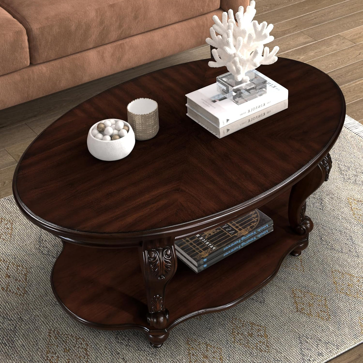 Wood Oval Living Room Coffee Table with Storage Shelf, 2 Tier Wood Coffee Table for Small Space - Cherry