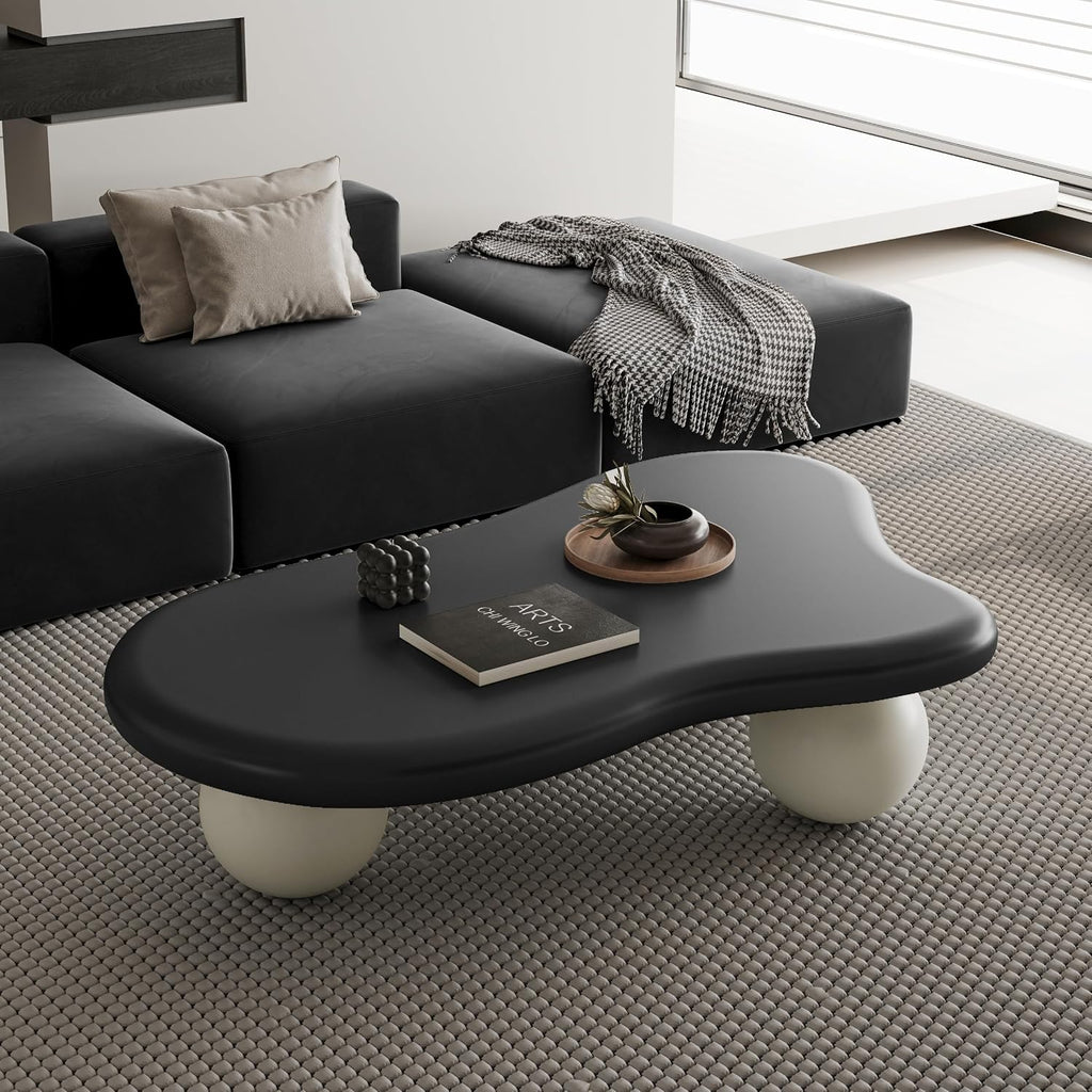 47.2'' Modern Coffee Table with Ball Base, Contemporary Oval Round Cloud Shaped Wood Coffee Table for Living Room, Easy Assembly, Black & White