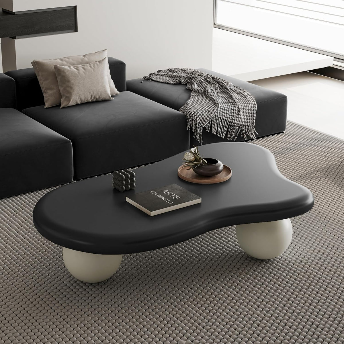 47.2'' Modern Coffee Table with Ball Base, Contemporary Oval Round Cloud Shaped Wood Coffee Table for Living Room, Easy Assembly, Black & White