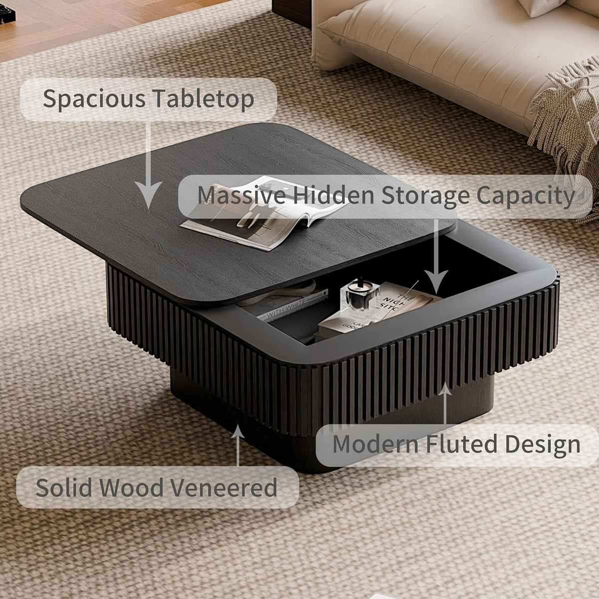 LUMISOL Square Square Coffee Table with Hidden Storage, Small Handcraft Drum Center Table with Sturdy Base, Minimalist Fluted Coffee Table for Living Room, Natural Wood