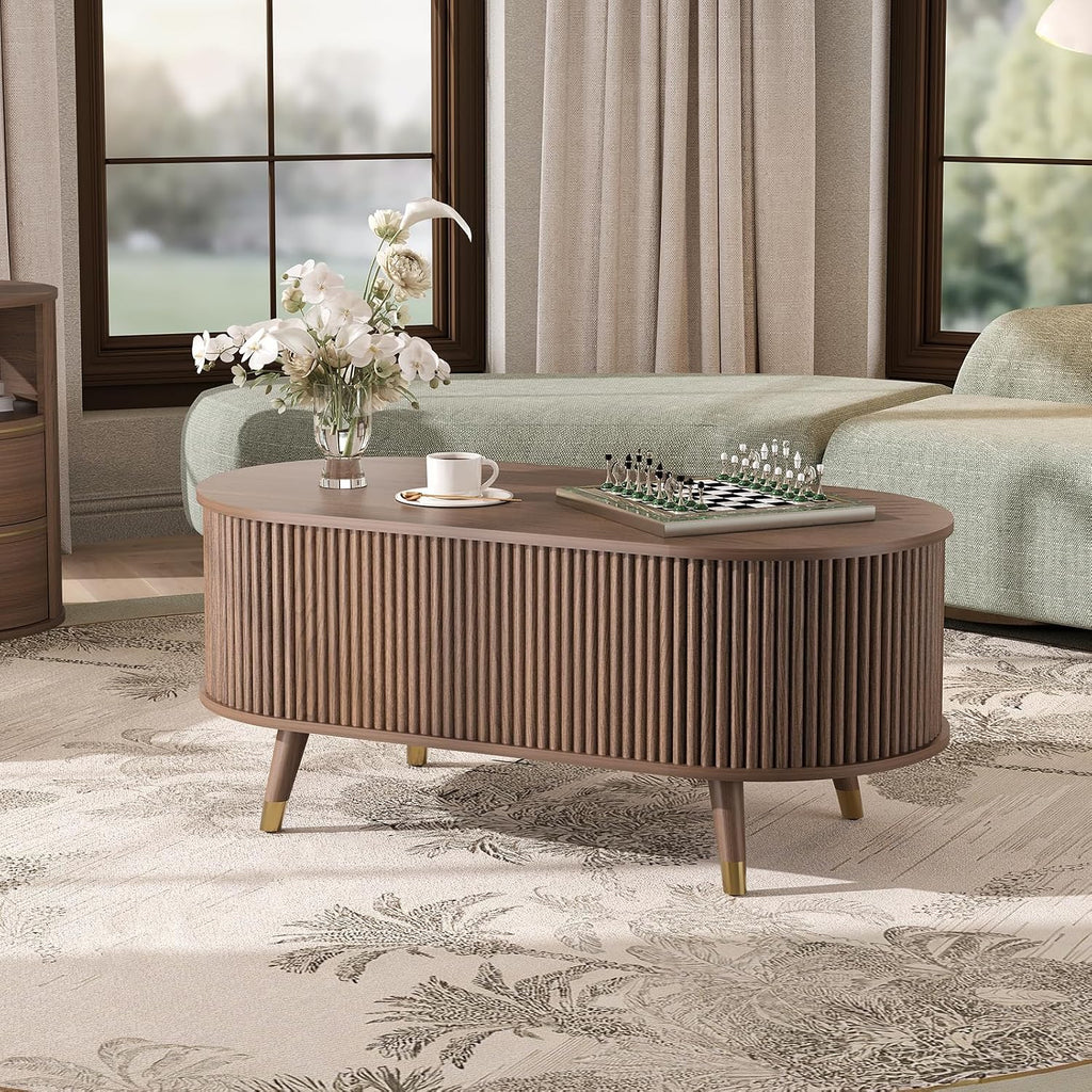 Jiansu furni Lift Top Coffee Table with Storage,42.5' Oval Coffee Table with Hidden Compartment & Solid Wood Legs,Modern Fluted Center Table for Living Room,Home Office,Walnut