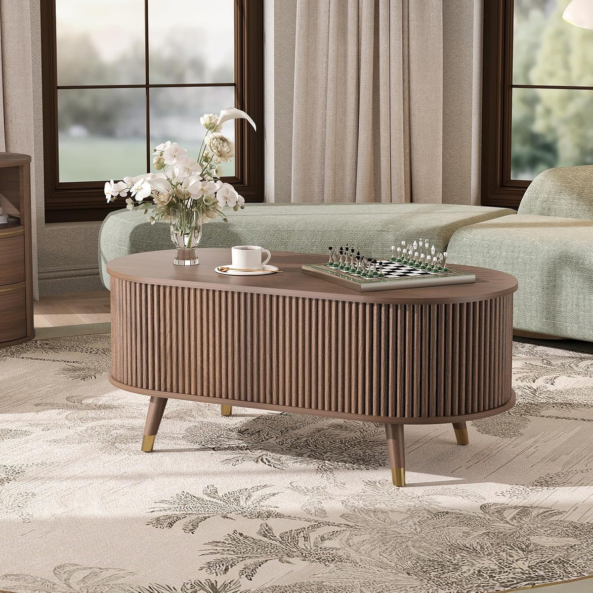 42.5' Oval Lift Top Coffee Table with Storage, Mid Century Modern Walnut Center Table with Fluted Panel, Solid Wood Legs & Hidden Compartment for Living Room