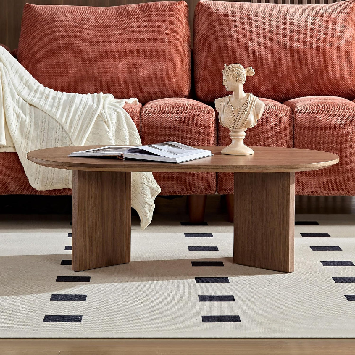 39.37 Inch Modern Coffee Table MDF Oval Coffee Table for Living Room Small Coffee Table with Sturdy Pedestal for Apartment Bedroom Walnut