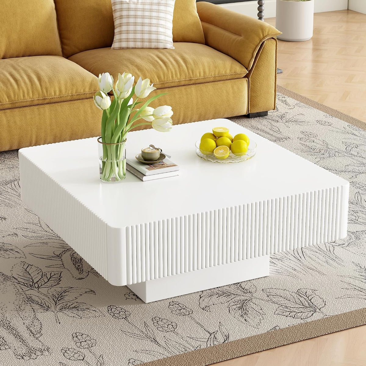 JUSTONE 31.6' Wide Square Coffee Table with 7.1' Thick Tabletop, Modern Black Fluted Drum Design, Sturdy Base Accent Table for Living Room, Easy Assembly(White