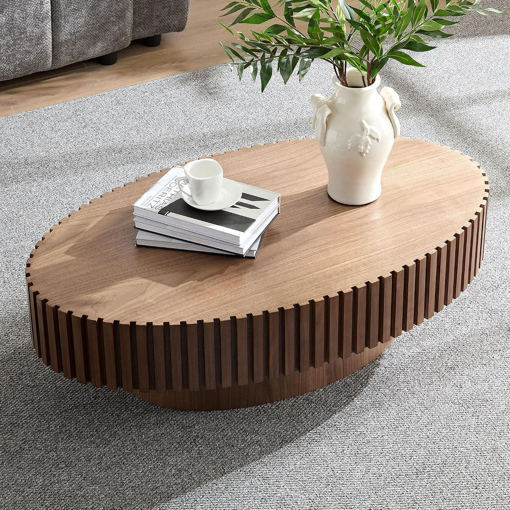 Oval Coffee Table for Living Room, Modern Fluted Coffee Tables with Pedestal Base, Handcrafted Centre Tea Tables Easy Assembly-43.7' Walnut