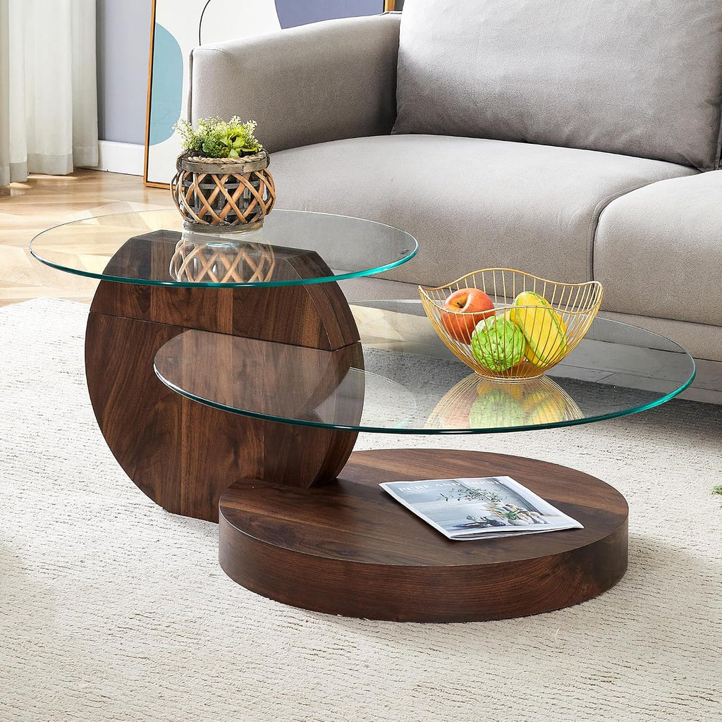 42' Glass Coffee Table｜Oval Coffee Table｜3-Tier Design with Oval Tempered Glass Tabletop｜Dark Wood Wooden Base｜Large Storage Space｜Smooth Edge｜Ideal for Living Room｜Easy Assembly