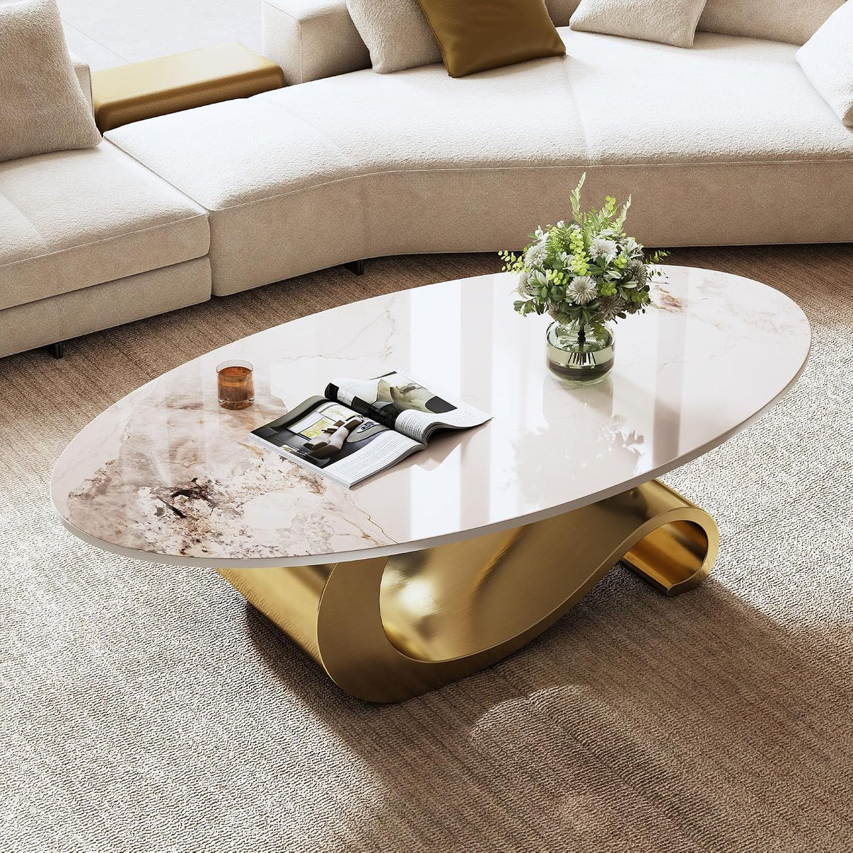 Marble Grain Coffee Table with Gold Stainless Steel Pedestal,Rectangular Coffee Tables,Oval Living Room Table with Faux Marble Top & Luxury Legs,Sintered Stone Cocktail Center Table,49.2 inch