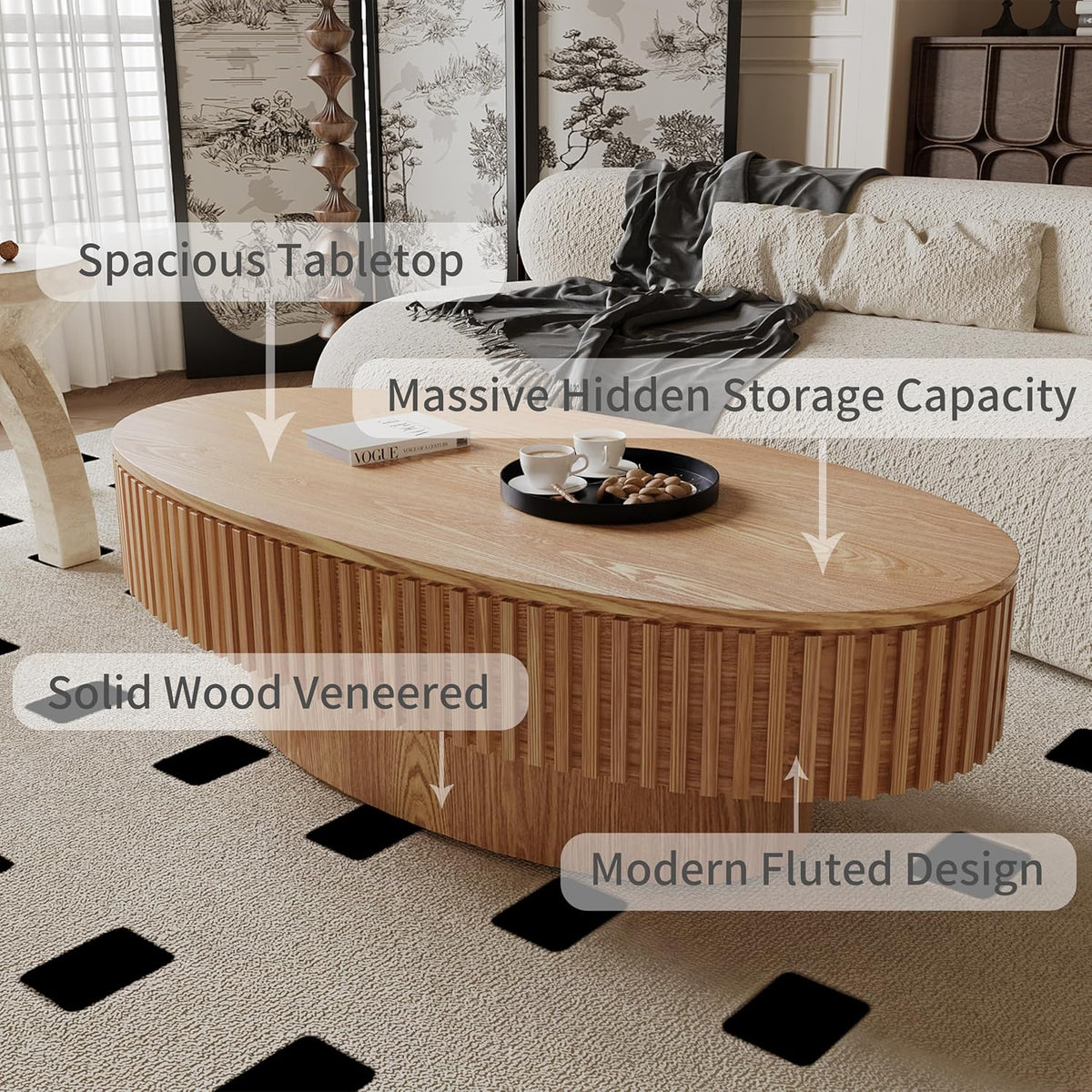 Henf 47' Oval Wood Coffee Table with Storage, Modern Handcraft Coffee Table Wooden Elliptic Sofa Center Table for Living Room Apartment Home Office, Easy Assembled (Natural)