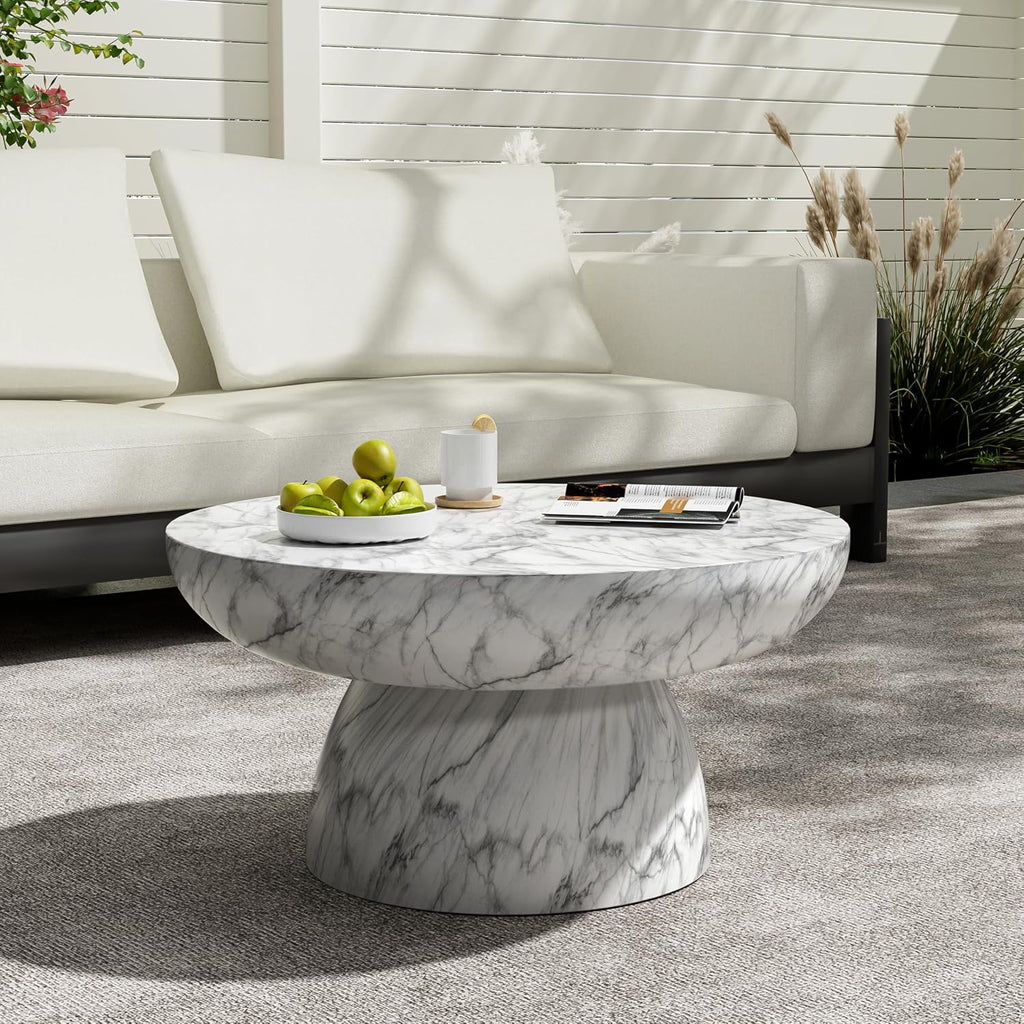 27.5' Round Marble Coffee Table Modern Faux Stone Coffee Table for Indoor and Outdoor Circle Center Tables with Pedestal Accent End Side Tables for Living Room, Magnesium Oxide, Cream