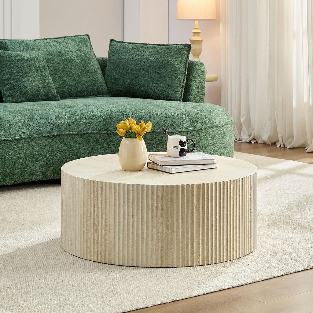 Round Coffee Table for Living Room, Circle Center Table Moder Faux Travertine Pattern Table with Relief Design for Apartment (35.43', MDF, No Assembly)
