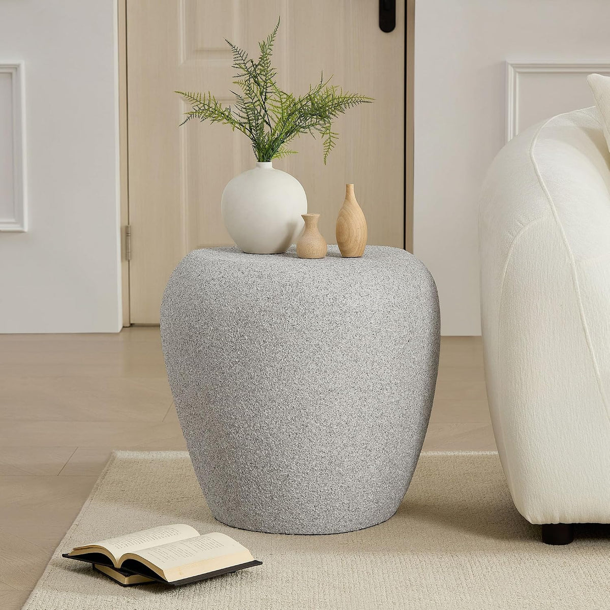 19.29'' Faux Stone Side Table End Table for Living Room, Modern Contemporary Style, Fiberglass Material & Grainy Stone Paint, No Assembly, Beige