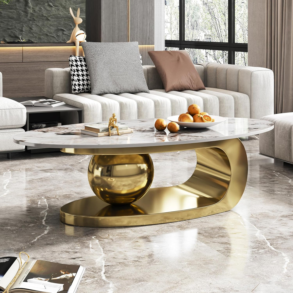 Henf Faux Marble Coffee Table for Living Room, 51 Inches Oval Imitation Marble Coffee Center Table with Gold Stainless Steel Base & Sintered Stone Tabletop
