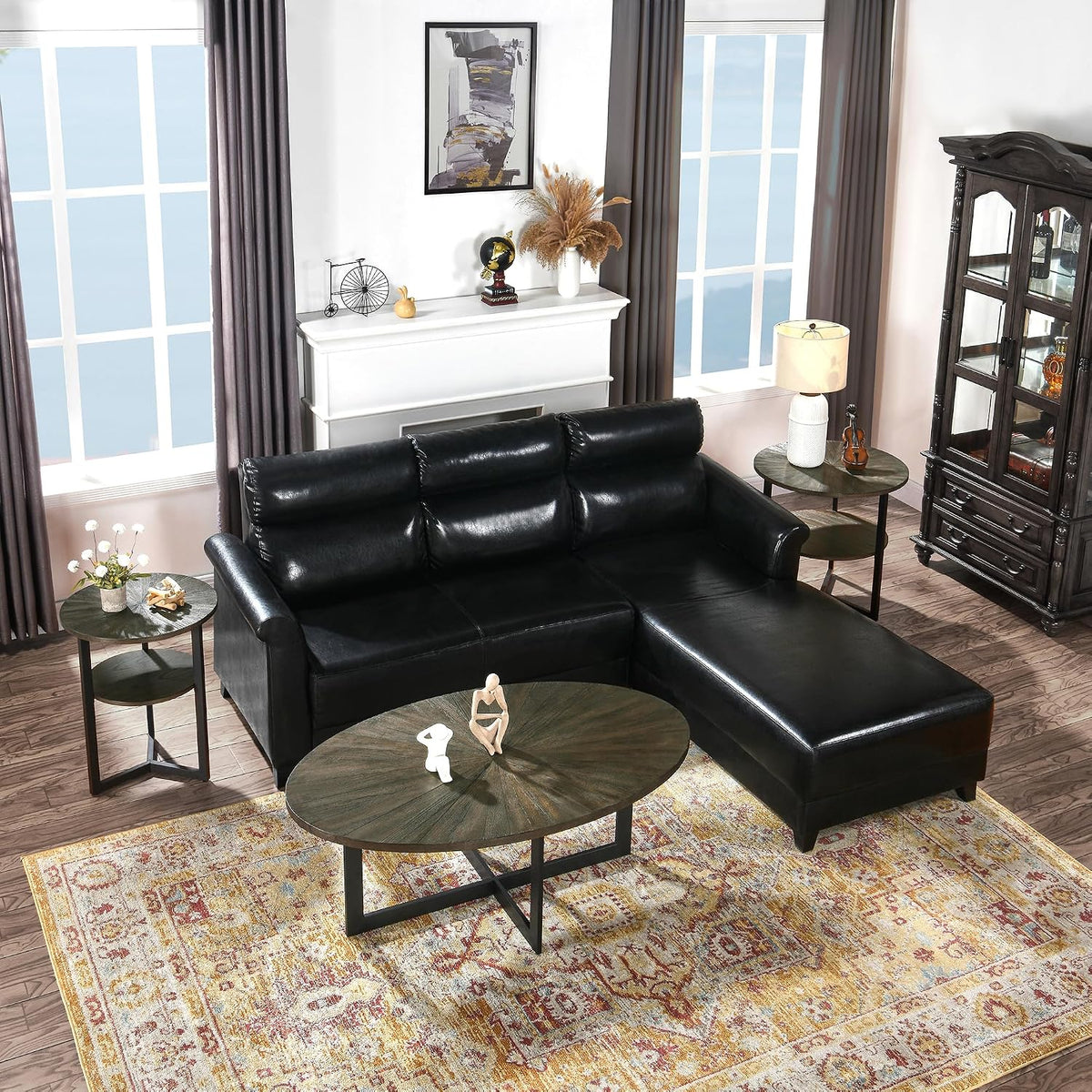 LEEMTORIG Solid Wood Oval Coffee Table for Living Room, 47.9 inch Large Modern Industrial Center Table, Cocktail Table with Wood Tabletop and Metal Legs for Small Space, Rustic Black KFZ-1831-BK
