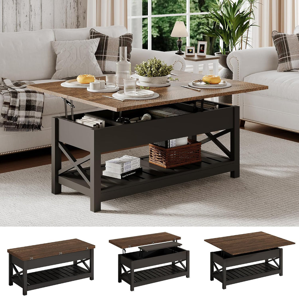 ChooChoo Coffee Table Lift Top, Multi-Function Convertible Coffee Tables with Storage and Hidden Compartment, Coffee Table Converts to Dining Table for Living Room, 40 Black & Espresso