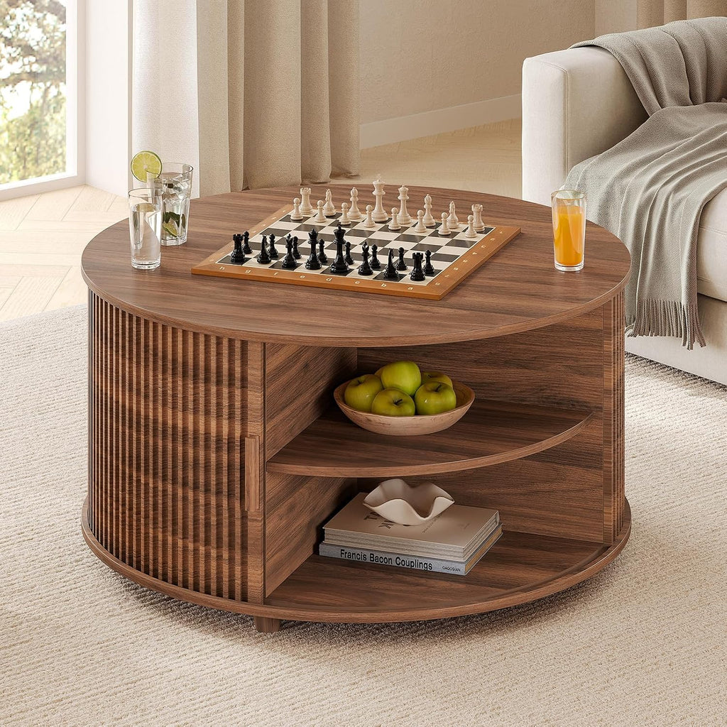 Round Lift Top Coffee Table, 34.6' Modern Coffee Table with 180° Curved Sliding Door, Fluted Accent Coffee Tables with Hidden Storage and Open Shelves, for Living Room, Office, Walnut