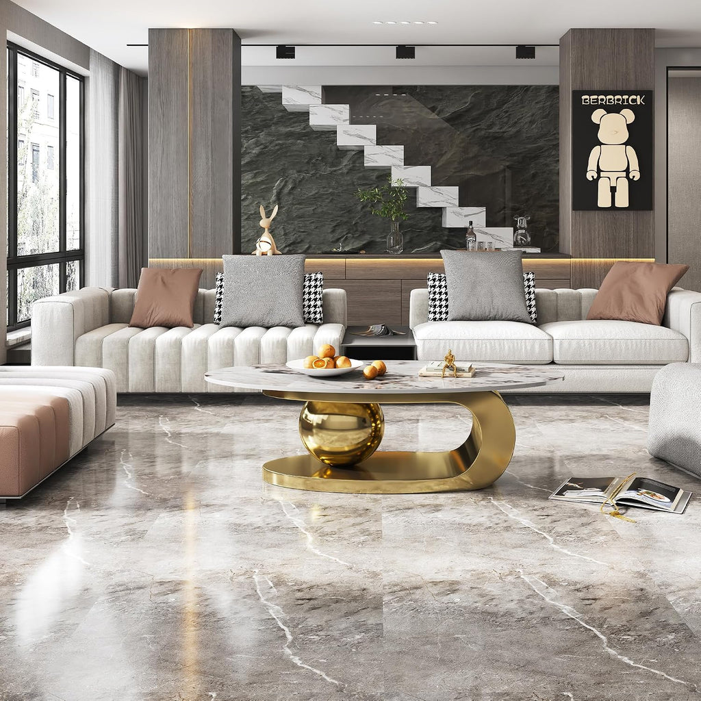 49.2' Oval Coffee Table, Modern Faux Marble Coffee Tables with Sintered Stone Tabletop, Large Unique Tea Table with Stainless Steel Base for Living Room, Office, Bedroom
