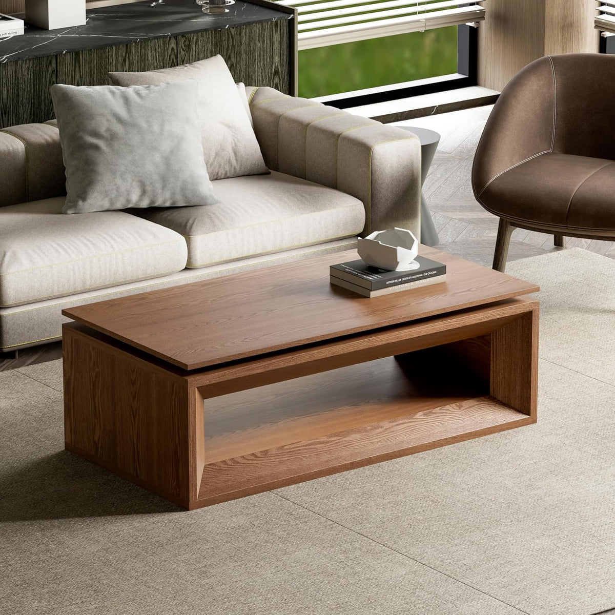 43.3'' Lift Top Coffee Table with Hidden Storage, Solid Wood Veneer Modern Center Table with Hydraulic Gas Spring, Floating Surface Tea Table for Living Room (43.3'' Walnut Lift-Top Coffee Table)