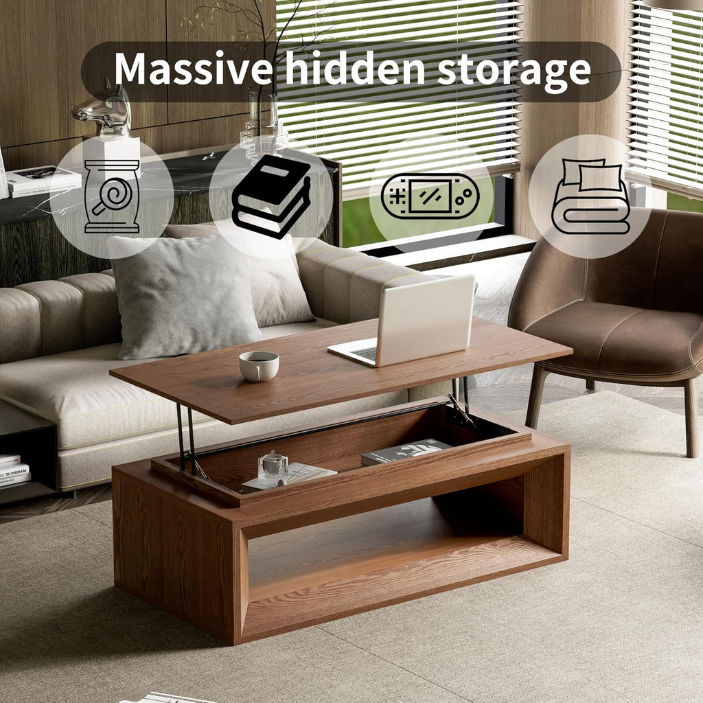 43.3'' Lift Top Coffee Table with Hidden Storage, Solid Wood Veneer Modern Center Table with Hydraulic Gas Spring, Floating Surface Tea Table for Living Room (43.3'' Walnut Lift-Top Coffee Table)