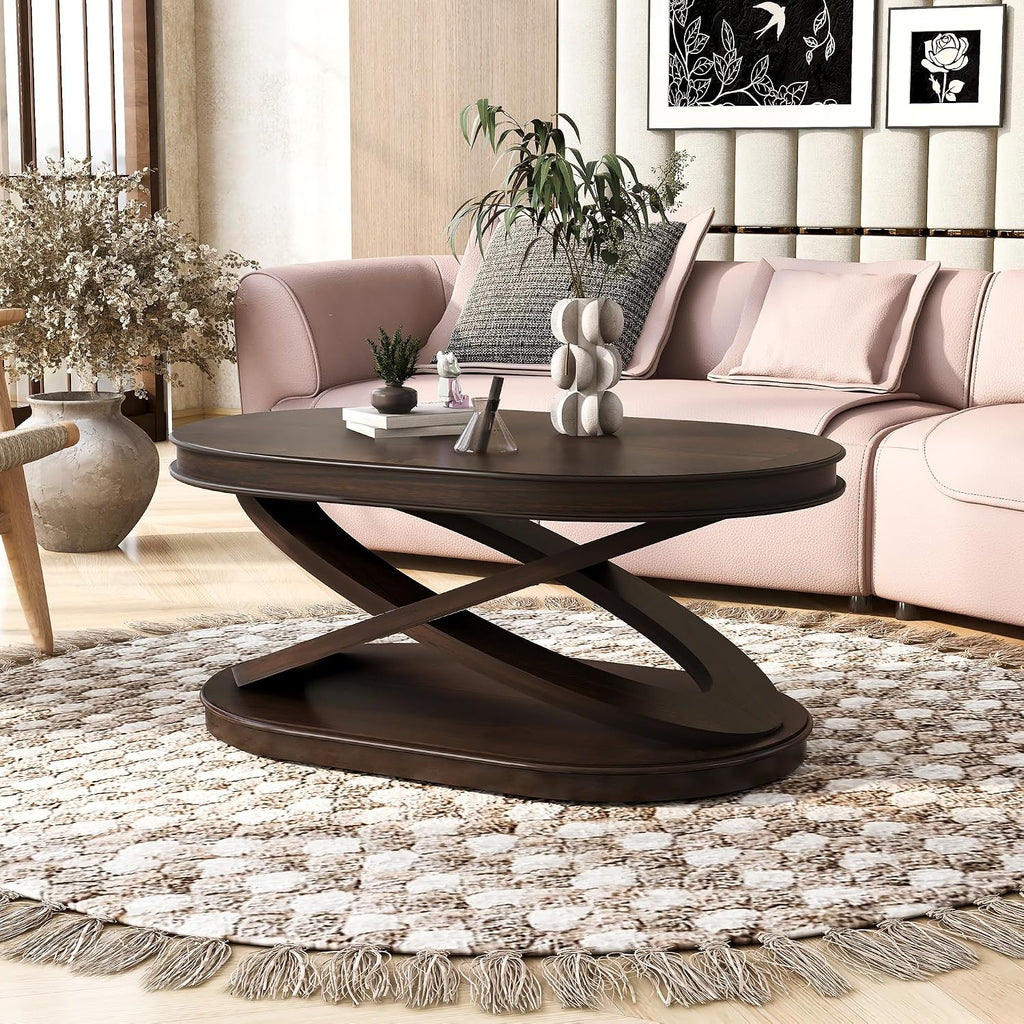 Vintage 2-Tier Oval Coffee Table 44-Inch Living Room Center Table Accent Furniture for Home Office, Easy Assembly & Durable, Espresso