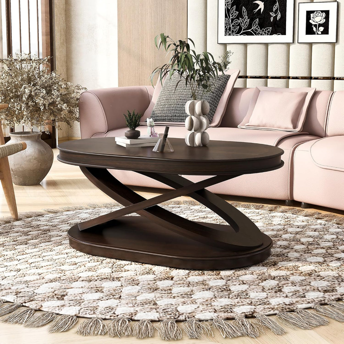 44 Inch Wood Oval Coffee Table with X-Shaped Base,Cocktail Table with Open Storage, Sofa Center Table for Living Room, Home Office