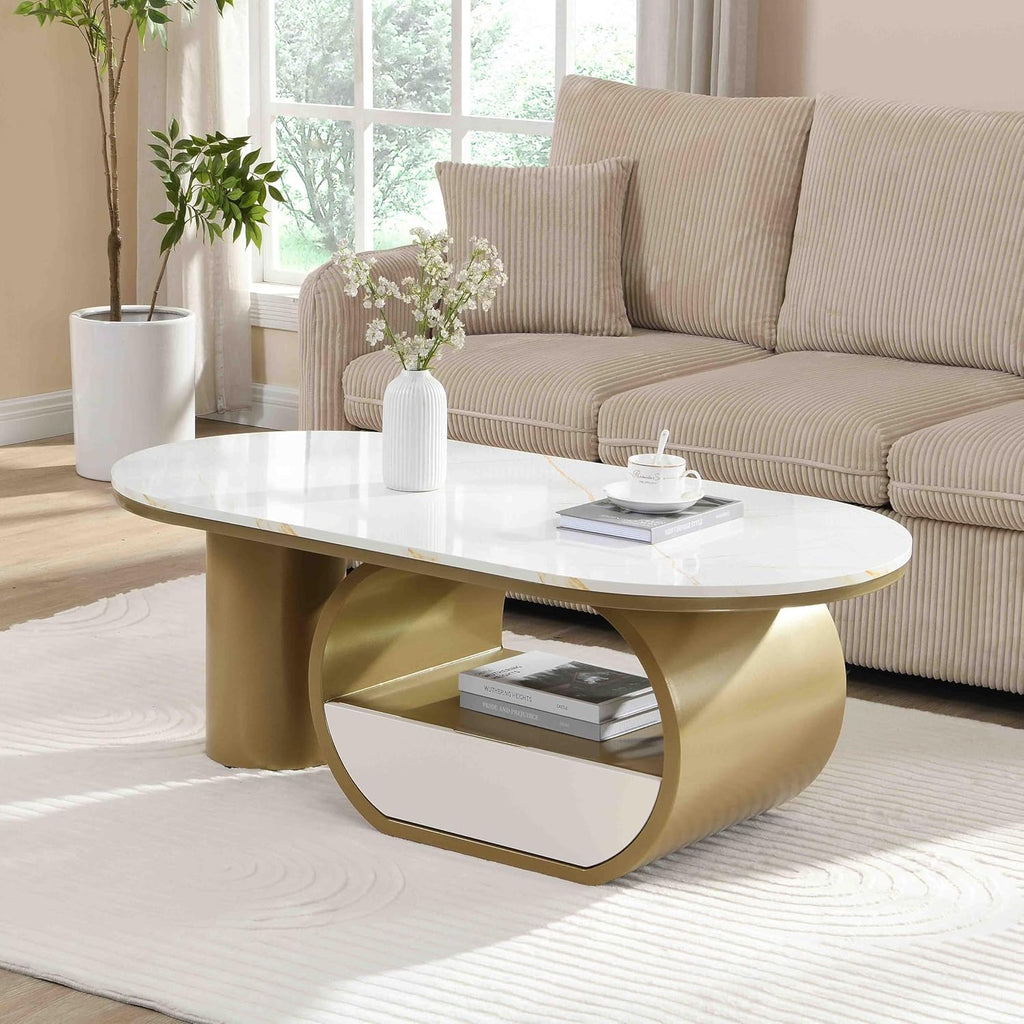 Modern Oval Coffee Table, 47.24' White Faux Marble Coffee Table with Storage Drawer, Luxury Living Room Coffee Accent Center Table with Gold Base for Apartment