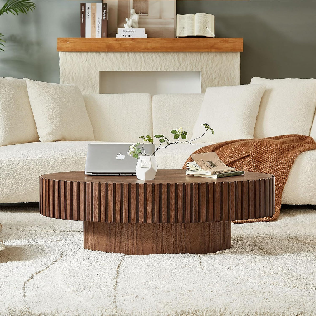 KEVINSPACE Coffee Table Oval 43.7' Wood CoffeeTable for Living Room Farmhouse CoffeeTable Mid-Century CoffeeTable Modern Sofa SideTable Home Furniture Small Space Office Apartment Walnut